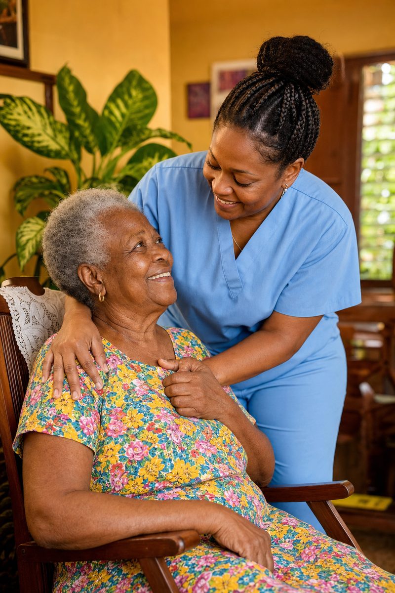 Caregiver and elderly resident sharing a warm moment at Savash Private Home Care Jamaica